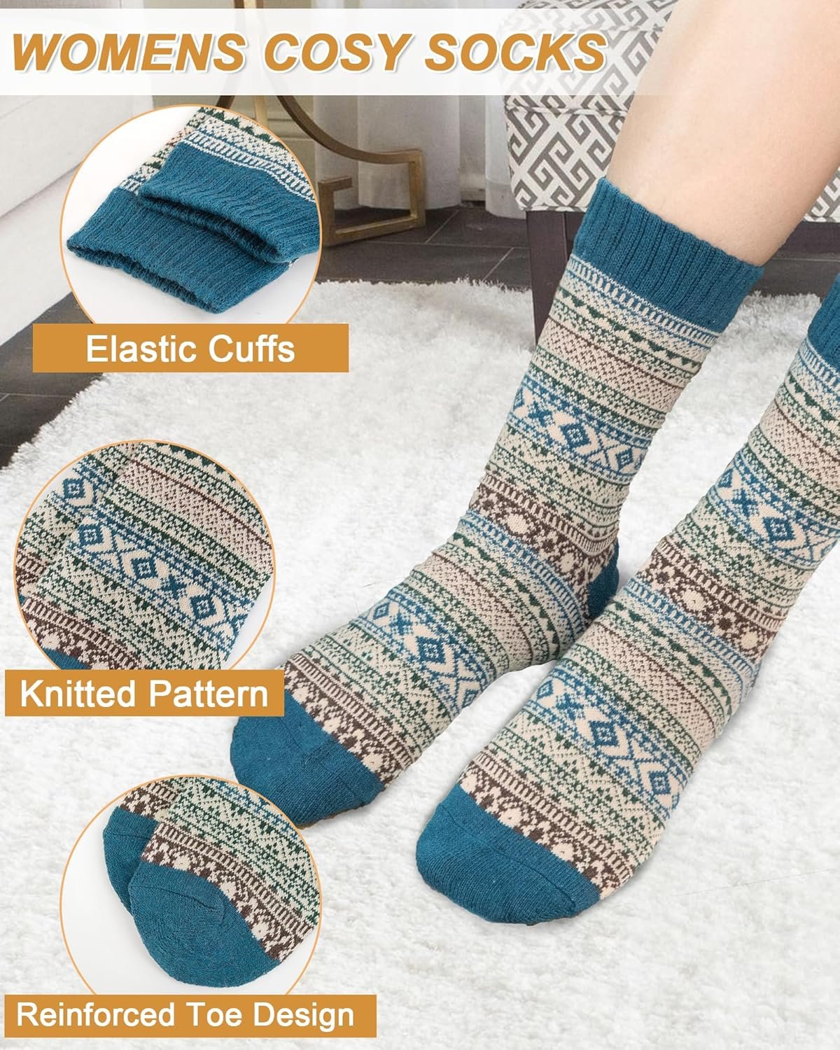 5 Pack Womens Wool Socks Winter Warm Socks Thick Knit Cabin Cozy Crew Soft Socks Hiking Athletic Socks Gifts for Women - Image 3