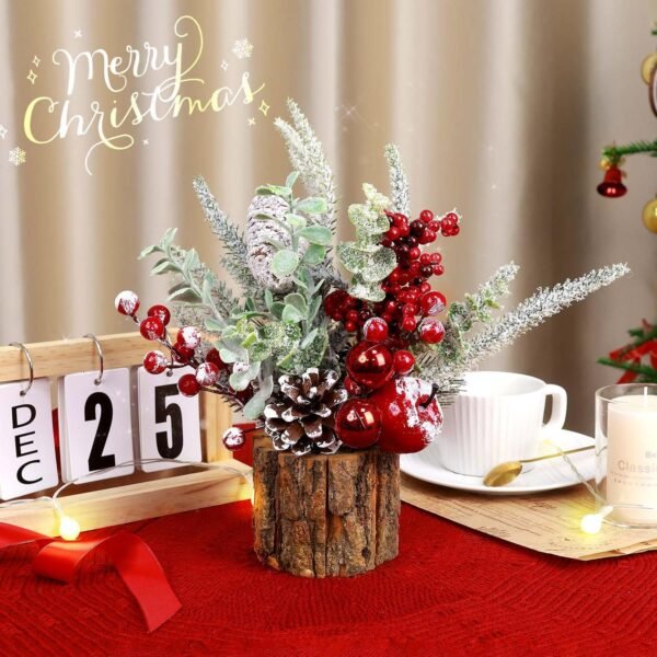 Small Christmas Tree Tabletop Artificial Mini Christmas Tree Decorations with Holiday Ornaments Red Berry Pine Cone Greenery for Home Indoor Fireplace Mantel Xmas Decor (Tree Stump-Red) - Image 7