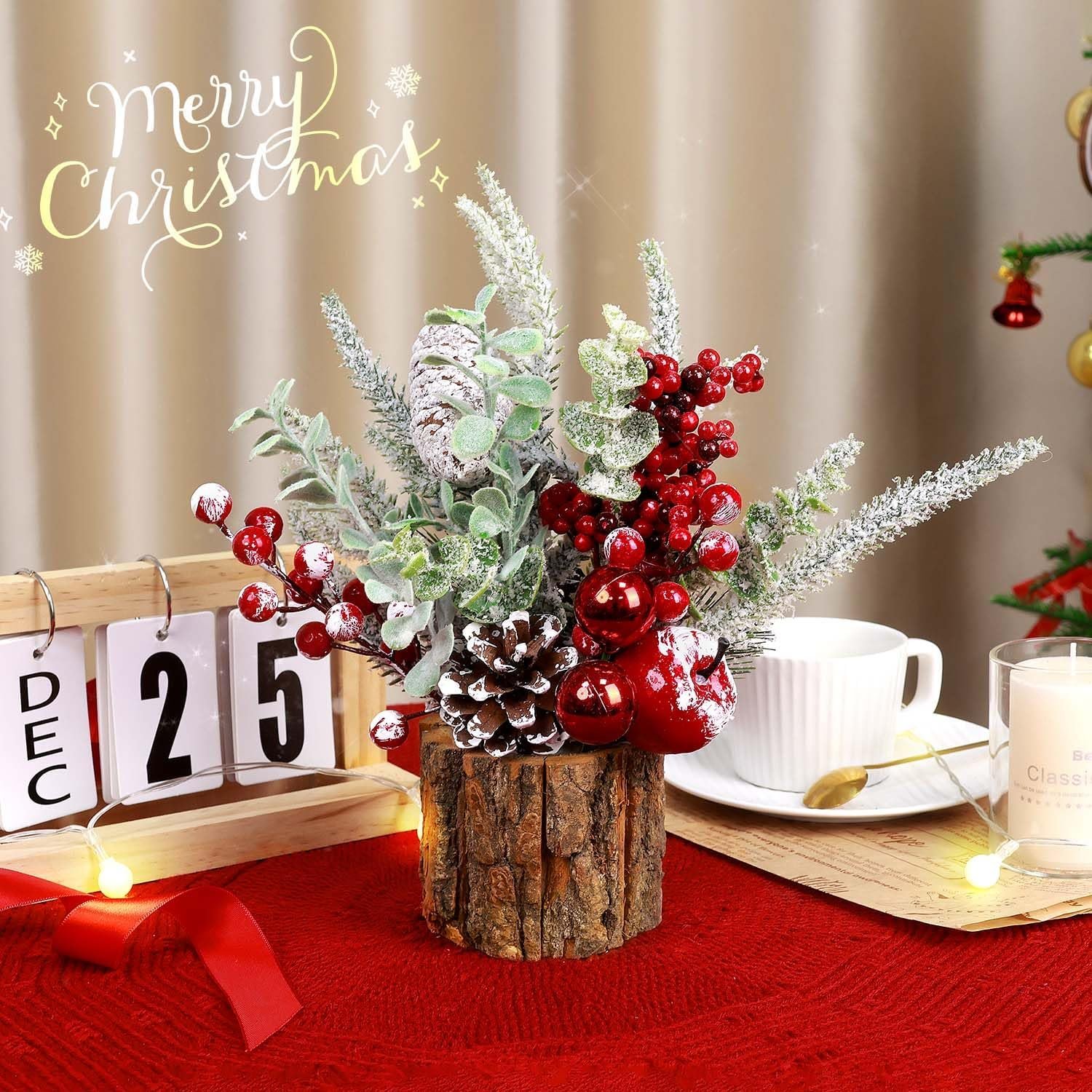Small Christmas Tree Tabletop Artificial Mini Christmas Tree Decorations with Holiday Ornaments Red Berry Pine Cone Greenery for Home Indoor Fireplace Mantel Xmas Decor (Tree Stump-Red) - Image 7