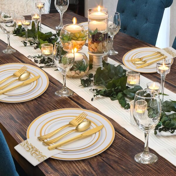 Goodluck 350 Piece Gold Dinnerware Set for 50 Guests, Plastic Plates Disposable for Party, Include: 50 Gold Rim Dinner Plates, 50 Dessert Plates, 50 Paper Napkins, 50 Cups, 50 Gold Silverware Set - Image 7