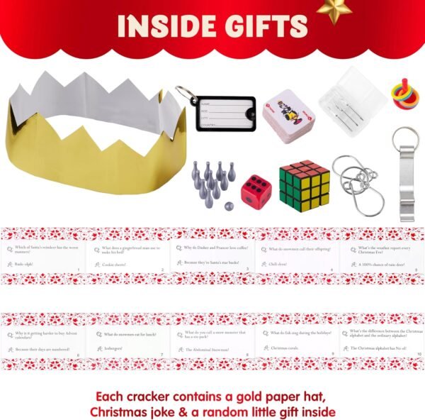 JOYIN 10 Pack Christmas No Snap Party Table Favor with Classic Christmas Design, with Party Hat, Joke & Little Gift Inside, for Xmas Gift, Christmas Seasonal Holiday Dinner Traditions - Image 4