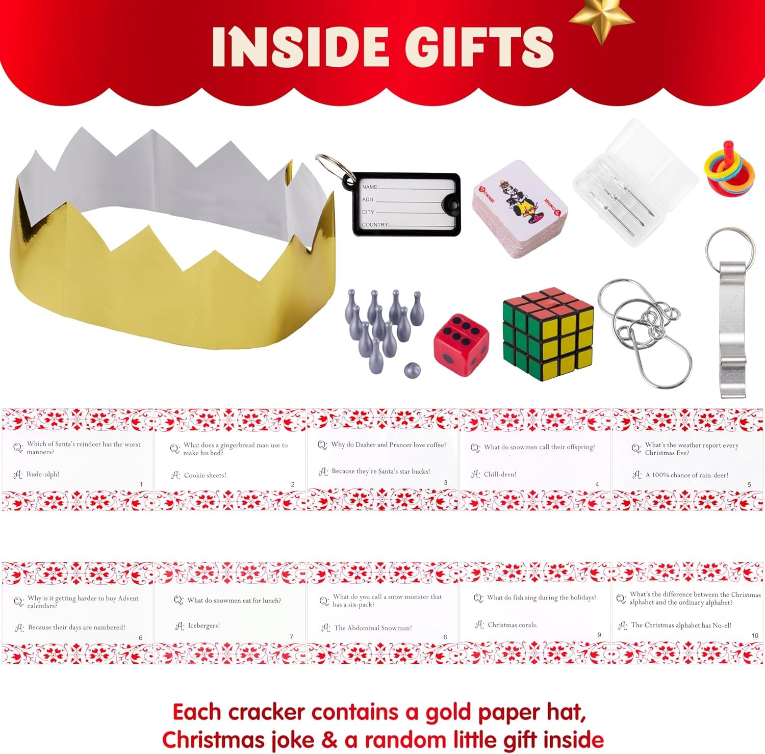 JOYIN 10 Pack Christmas No Snap Party Table Favor with Classic Christmas Design, with Party Hat, Joke & Little Gift Inside, for Xmas Gift, Christmas Seasonal Holiday Dinner Traditions - Image 4