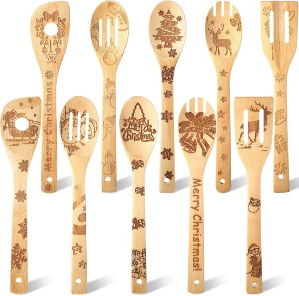 10 Piece Christmas Spatula Burned Spoons Wooden Christmas Kitchen Utensils Spoon Wood Slotted Decorated Wooden Spoons Spatula Christmas Cooking Utensils for Christmas Kitchen Decoration - Image 2