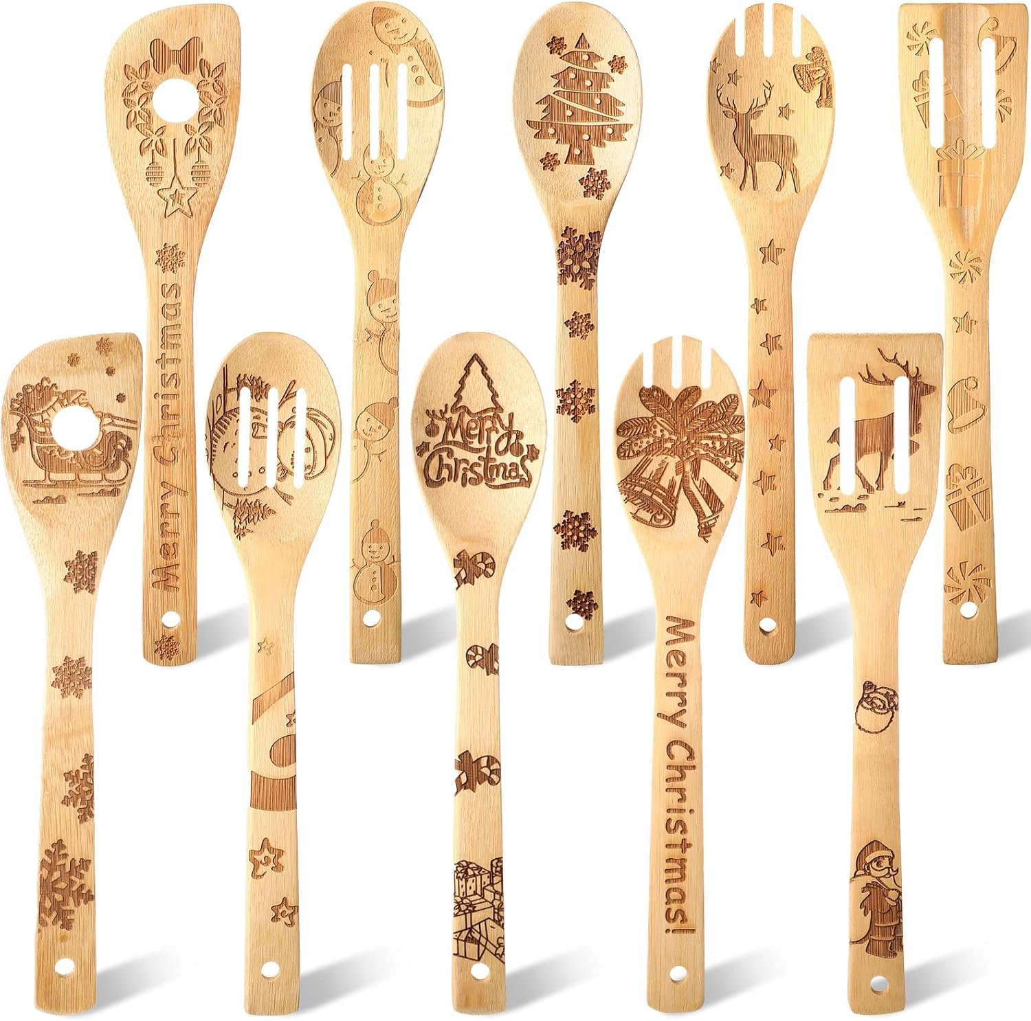 10 Piece Christmas Spatula Burned Spoons Wooden Christmas Kitchen Utensils Spoon Wood Slotted Decorated Wooden Spoons Spatula Christmas Cooking Utensils for Christmas Kitchen Decoration - Image 2