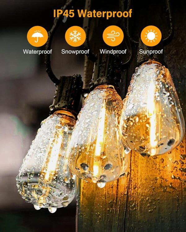 Outdoor String Lights Waterproof, 25 Feet Patio Lights with 13 ST38 Edison Bulbs(1 Sqare), Outside Hanging Decorative Lights for Porch, Blacony, Backyard, Bistro, Garden, 2700K - Image 4