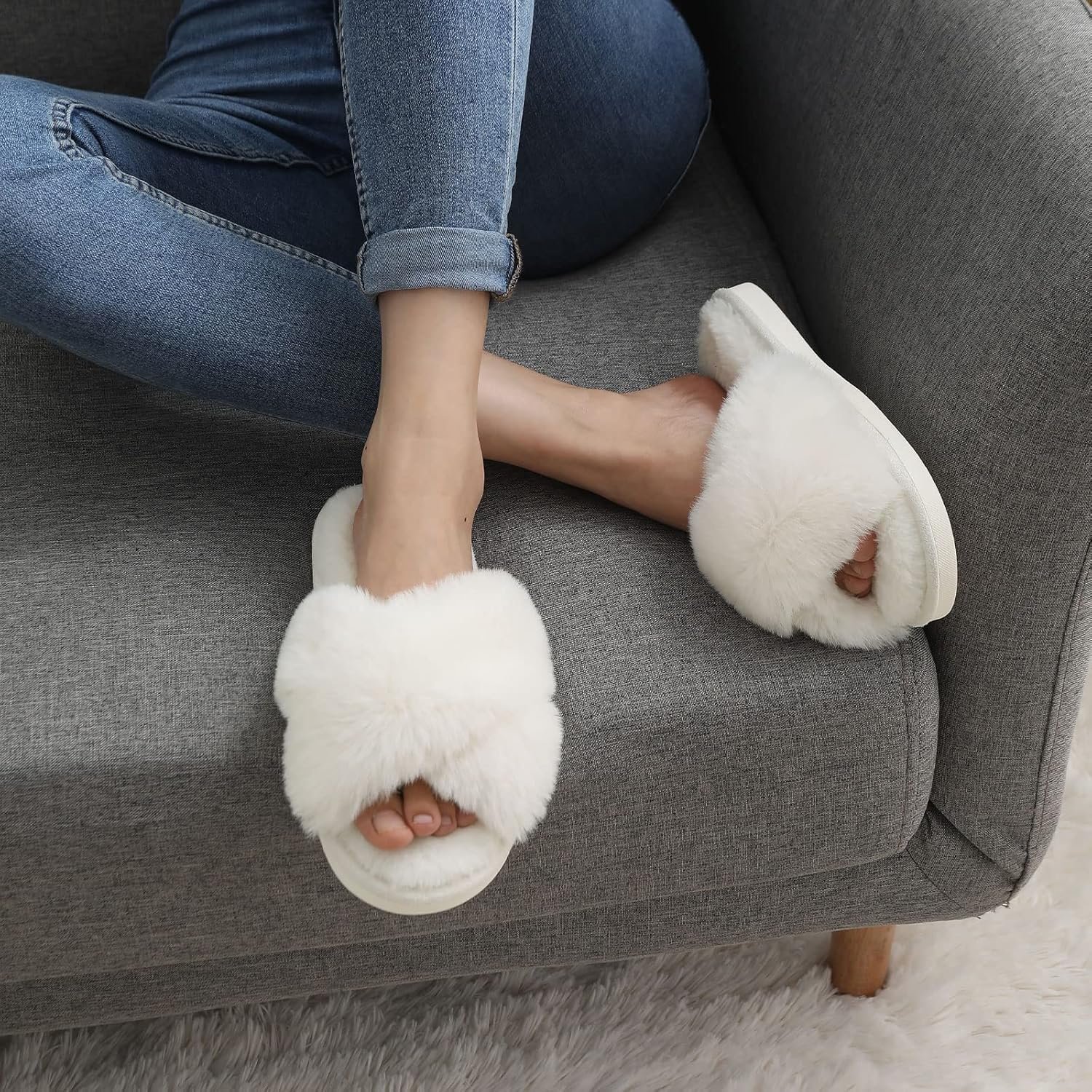 Evshine Women's Fuzzy Slippers Cross Band Memory Foam House Slippers Open Toe - Image 3