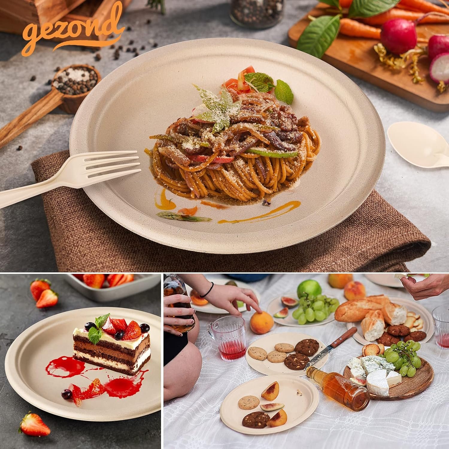 Gezond 250Pcs Disposable Paper Plates Set, Compostable Plate Sugarcane Utensils Eco Friendly Dinnerware Kit Includes 50 Biodegradable Plates, Forks, Knives and Spoons for Brithday Party Camping - Image 5