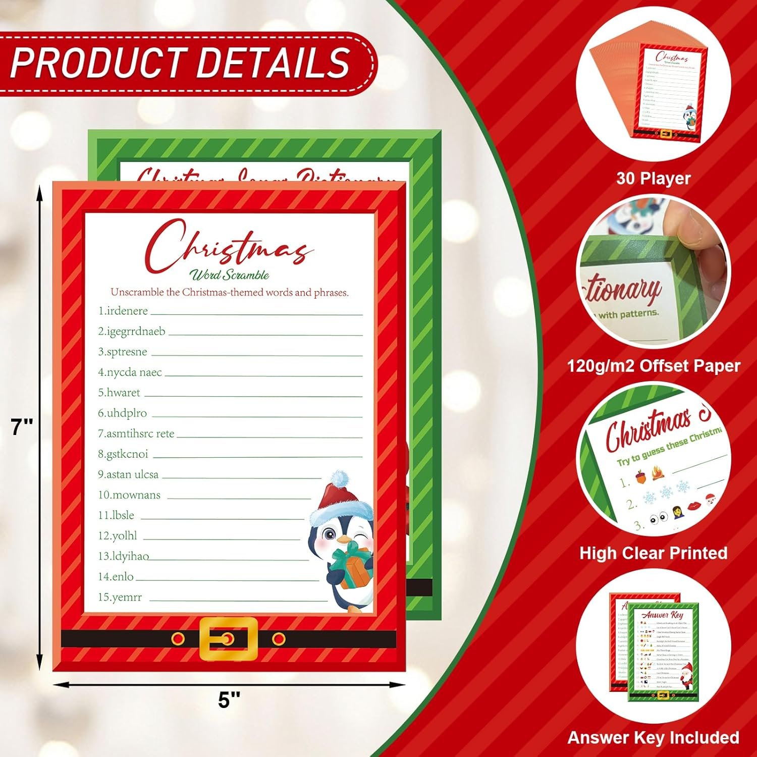 30 Players Christmas Party Games for Adults Family Office Large Groups, Xmas Parties Songs Pictionary Game, Guesstures Game, Word Scramble Game with Answer Key (Santa & Penguin) - Image 4