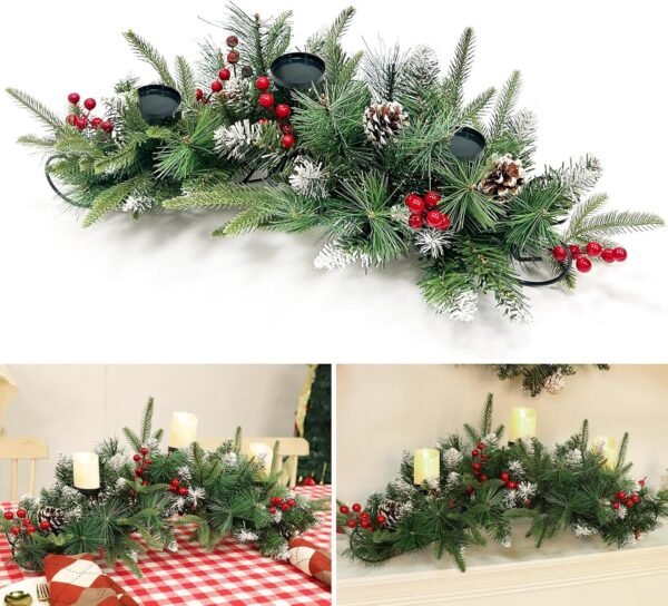 30 Inch Pre-lit Artificial Christmas Candle Holder Centerpiece with 3 Candle Holders Snowy Pine Cones Red Berries, Realistic-Feel Tips Christmas Table Accent Centerpiece for Festival Home Decoration - Image 2