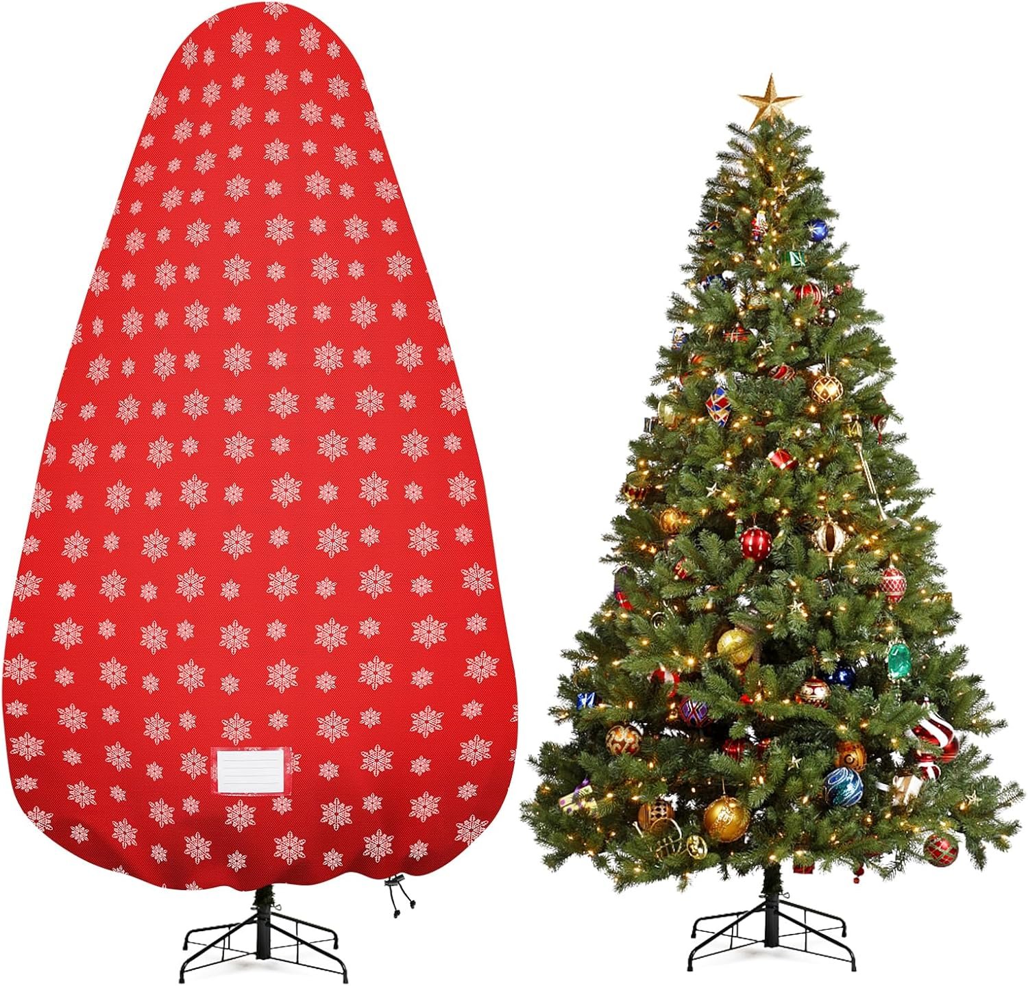 Upright Christmas Tree Storage Bag,Tree Storage Cover with Adjustable Straps,Tear Resistant Christmas Tree Storage Bag for 7.5Foot Assembled Trees-Snow Printing Red - Image 2