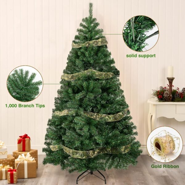 6ft Artificial Christmas Tree - Ribbon Decorations Easy to Assemble 3-Piece Design Christmas Fir for Festive Home Decor 1000 Branch Tips Xmas Tree for Home, Office, Party Decoration - Image 6