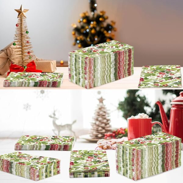 100Pcs Christmas Napkins Disposable Watercolor Holly Berry Greenery Christmas Paper Napkins 3 Ply Christmas Paper Guest Napkins for Bathroom Home Kitchen Holiday Xmas Home Party Decorations - Image 7