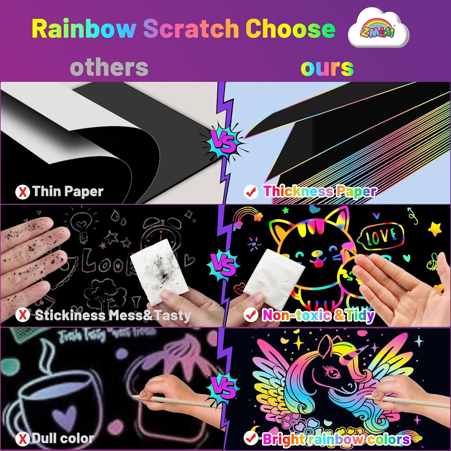ZMLM Scratch Paper Art Set, 60 Pcs Rainbow Magic Scratch Paper for Kids Black Scratch Off Art Crafts Kits Notes with 5 Wooden Stylus for Girls Boys Toys Game Christmas Stocking Stuffers Birthday Gift - Image 4