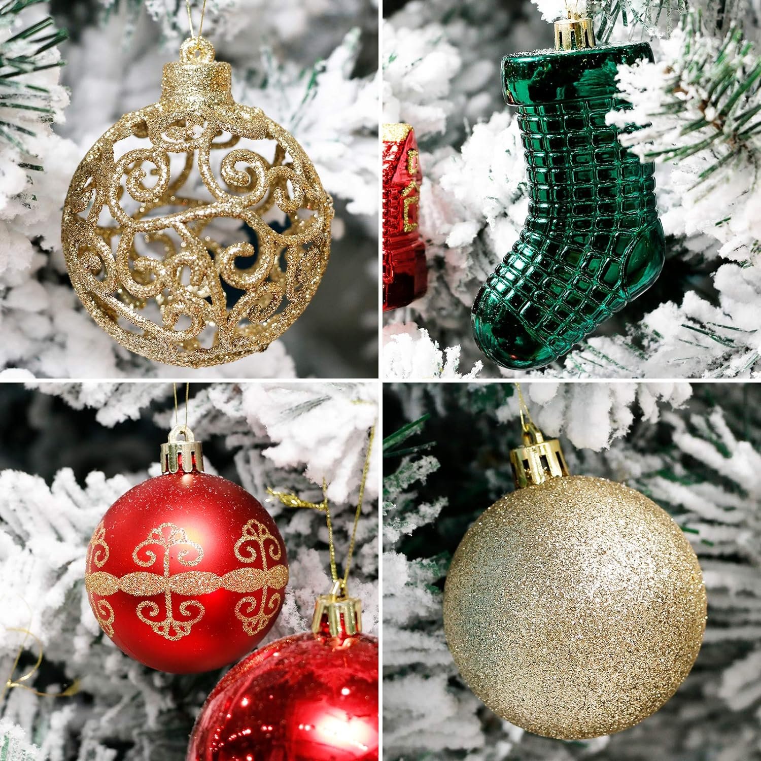 Christmas Tree Ornament, 132pcs Christmas Tree Decoration Set Red Green Gold Christmas Ball Shatterproof Hanging Tree Ornament Assortment Set - Image 7