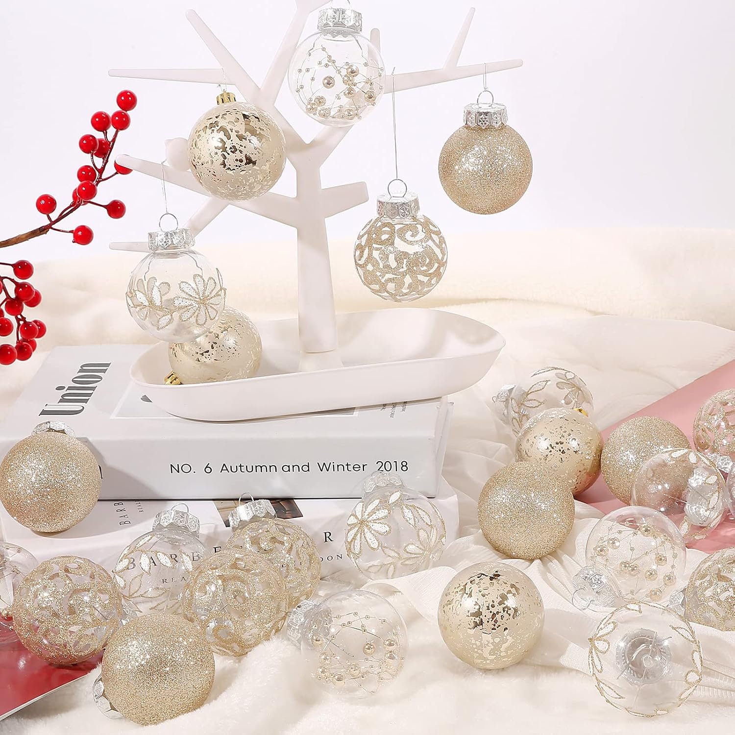 60mm/2.36inch Clear Christmas Ornaments Set, 30ct Champagne Christmas Ornaments Balls for Christmas Tree Decorations Shatterproof Transparent Baubles with Stuffed Decoration for Xmas Wedding Party - Image 8