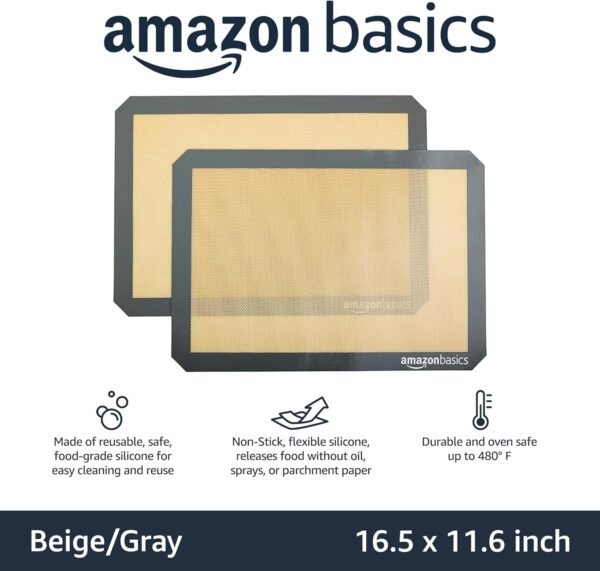 Amazon Basics Rectangular Silicone, Non-Stick Reusable, Food Safe Baking Mat, Pack of 2, 16.5" x 11.6", New Beige/Gray - Image 3