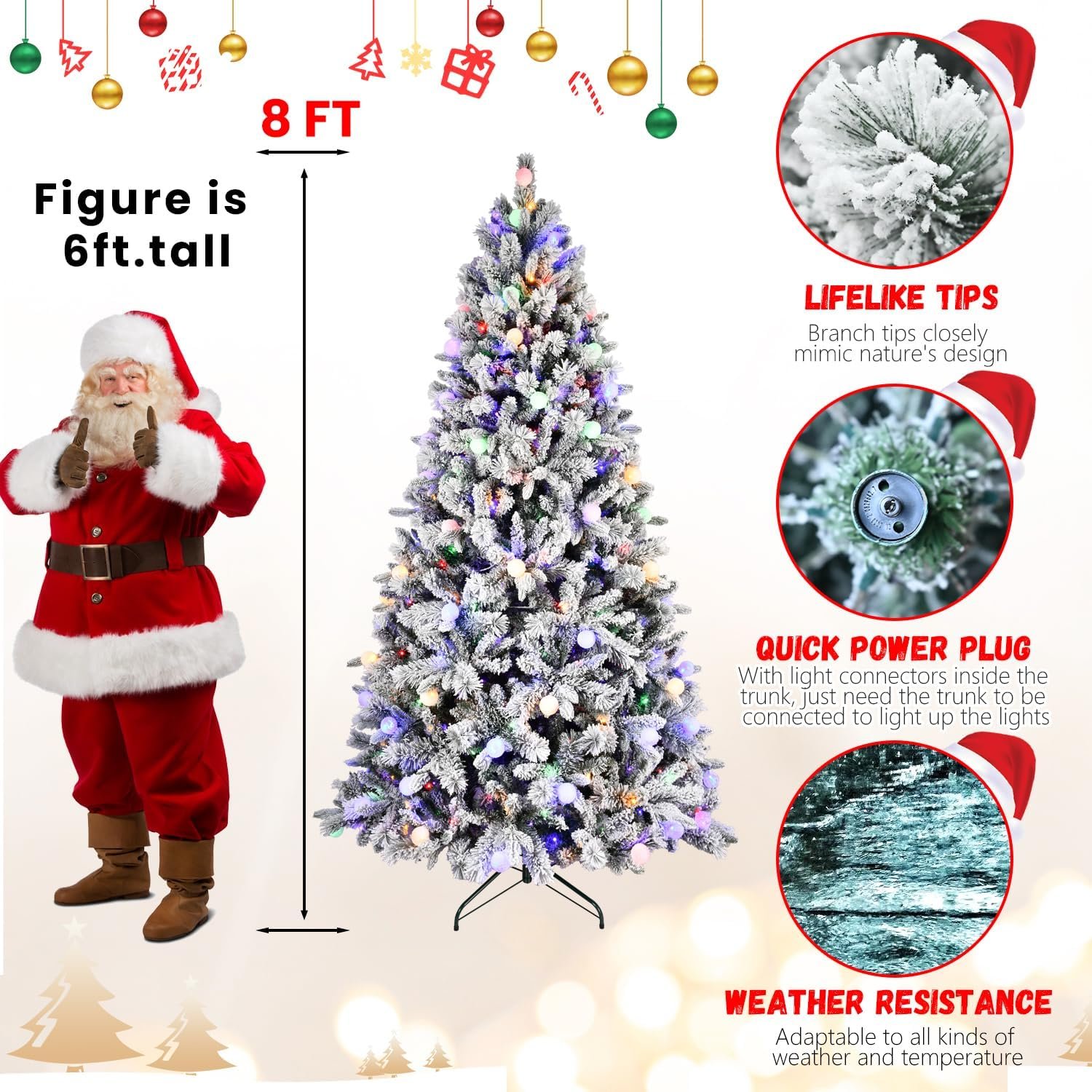 8FT Prelit Flocked Christmas Tree with 470 Two Color LED Lights and 45 Colorful Bauble Lights, 10 Flashing Modes, Pre Lit Artificial Christmas Tree with Snow and Memory Wire Technology for Holiday - Image 6