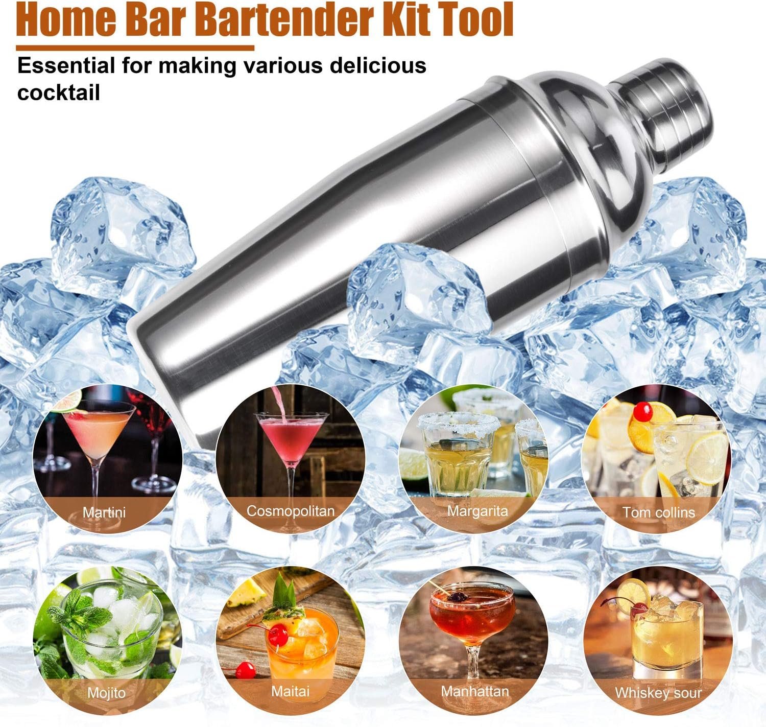 Bartender Kit with Stylish Bamboo Stand, 12 Piece 25oz Cocktail Shaker Set for Mixed Drink, Professional Stainless Steel Bar Tool Set, Gift for Man Dad- Cocktail Recipes Booklet (Silver) - Image 4