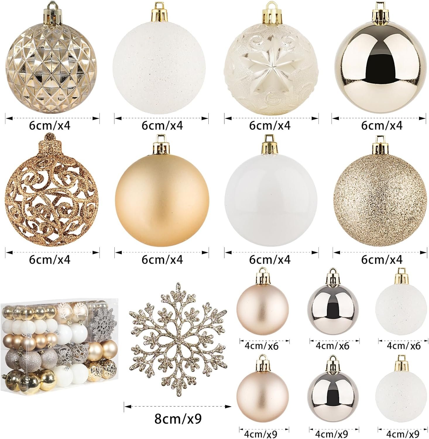 SY CRAFT 86 Pieces of Assorted Shatterproof Christmas Ball Snowflake Ornaments Seasonal Decorative Hanging Ornament Set with Hand-held Gift Package for Xmas Tree Decorations (86PCS, Champaign Gold) - Image 4
