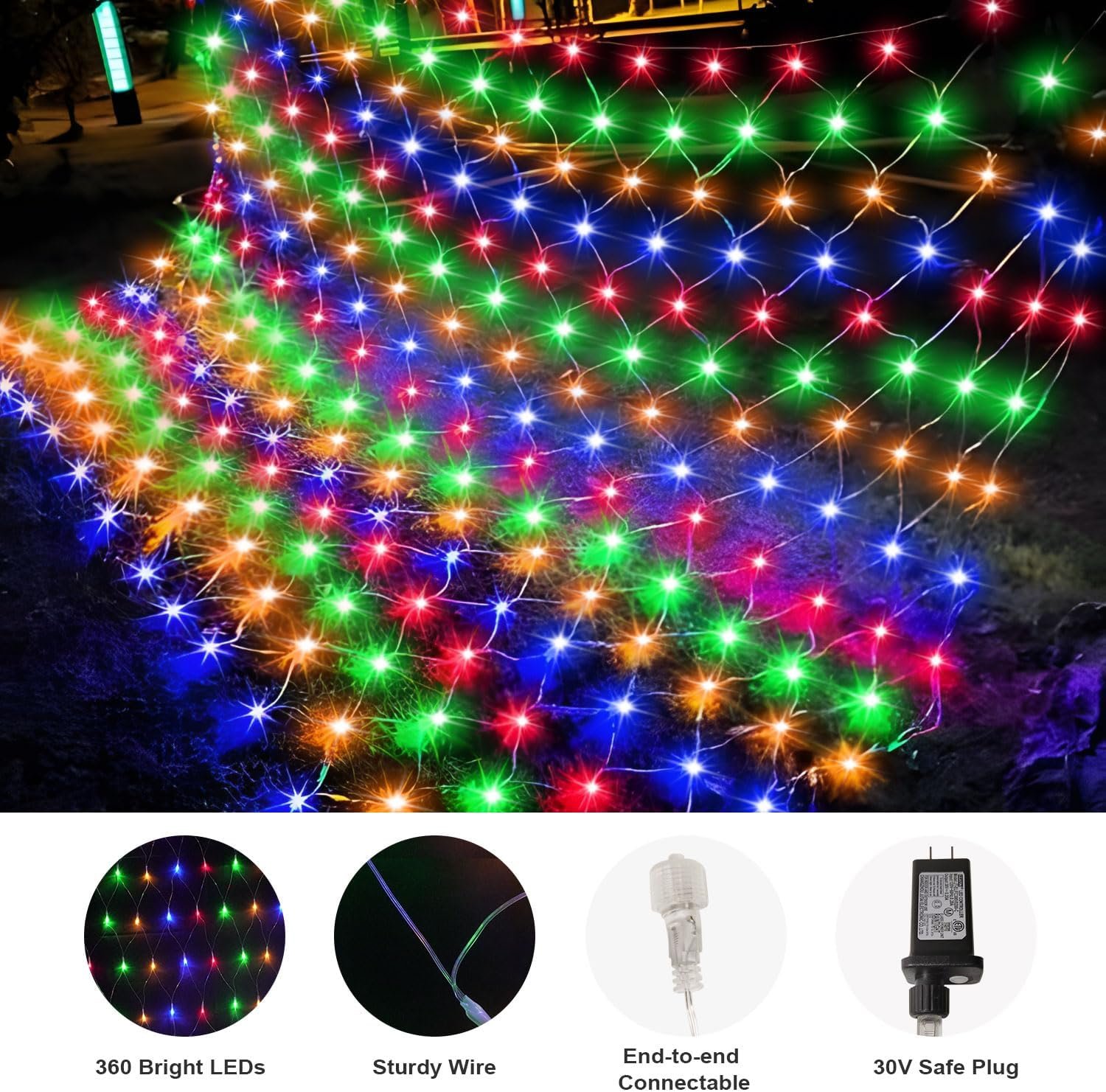 (Upgraded) Outdoor Christmas Lights, 360 LED Sturdy Christmas Net String Lights, 12x5Ft 8 Light Modes Christmas Decoration Lights for Backyards, Gardens, Bushes, Lawns, Patio, New Year - Multicolored - Image 6