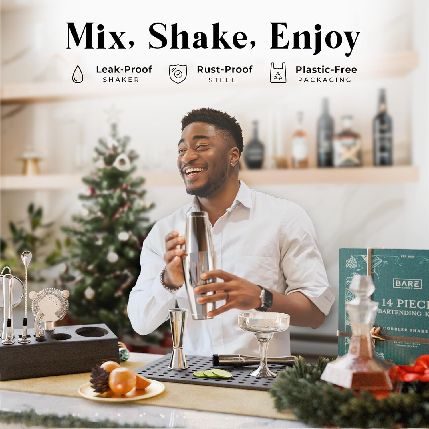 BARE BARREL® Mixology Bartender Kit Bar Set | 14-Piece Cocktail Shaker Set | Martini Barware Mixing Tools for Home Bartending | Incl. 35 Recipe Cards | Gift Set (28oz Boston Shaker, Silver/Black) - Image 6