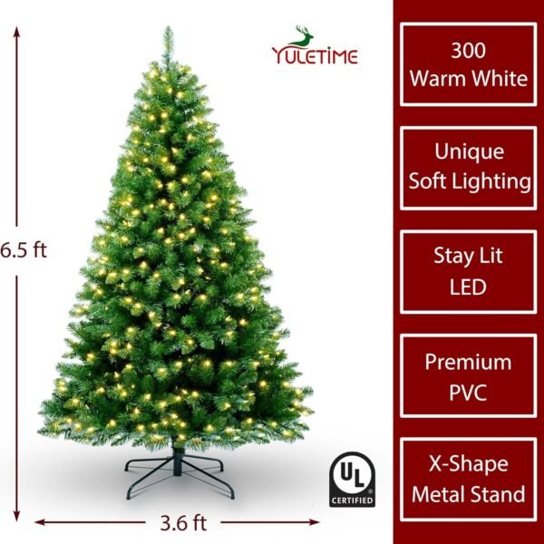 YULETIME 6.5ft Pre-Lit Christmas Tree, Hinged Green Artificial Holiday Decorative Tree with UL Listed 300 Warm White LED Christmas Lights (6.5' Warm White) - Image 4