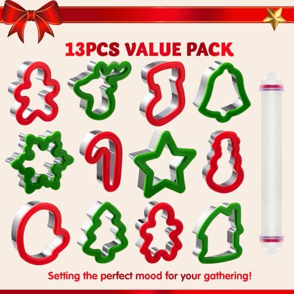 JOYIN 13 Pcs Christmas Cookie Cutters in Stainless Steel with 3.5í plus Grip and a Rolling Pin for Xmas Holiday Cookies Baking, Snowflake Cookies, Gingerbread Cookies, Party and Baking Gift - Image 3