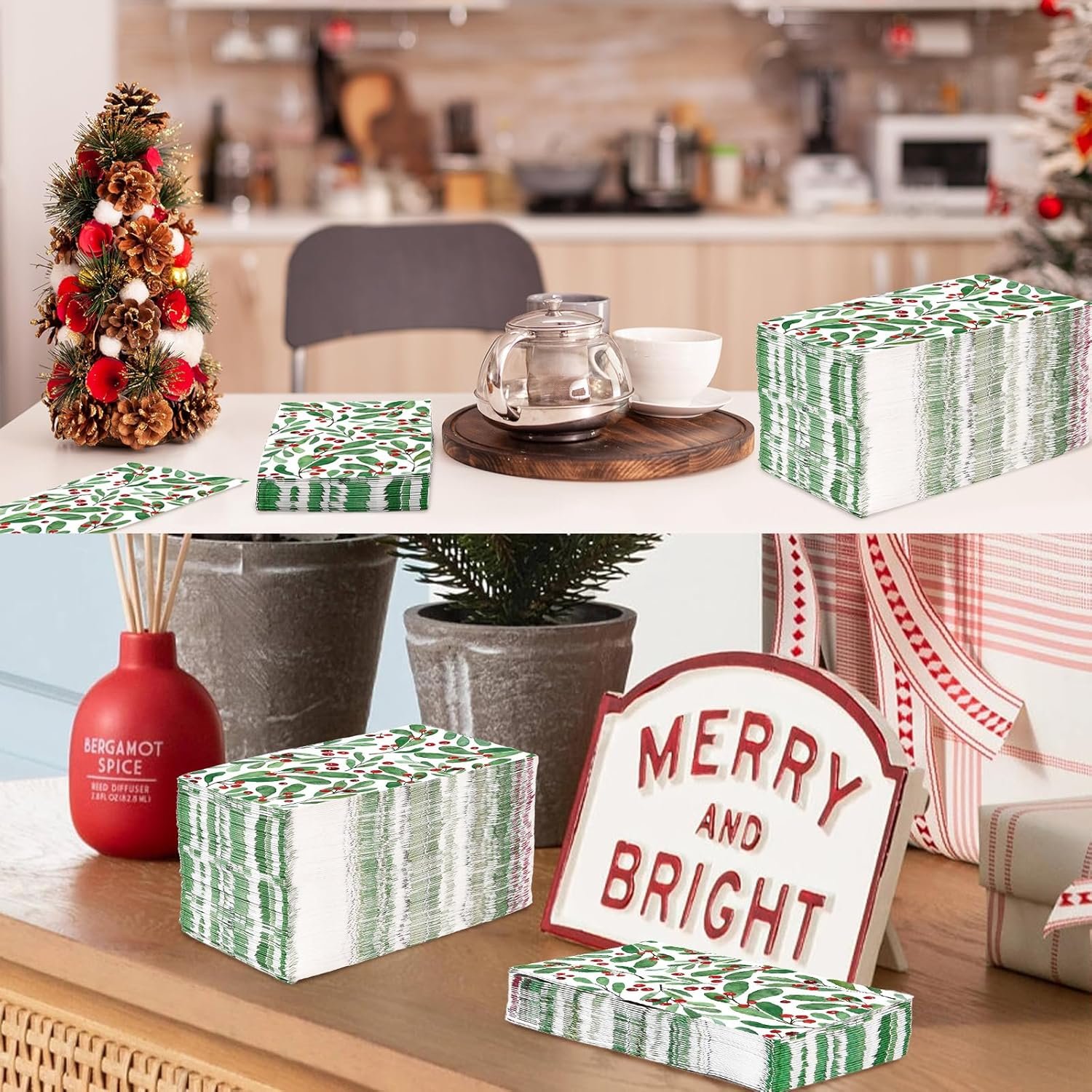 100Pcs Christmas Paper Napkins Disposable 3 Ply Watercolor Holly Leaves Berries Napkins Christmas Dinner Napkins Disposable Hand Towels for Bathroom Home Kitchen Christmas Party Decorations - Image 6