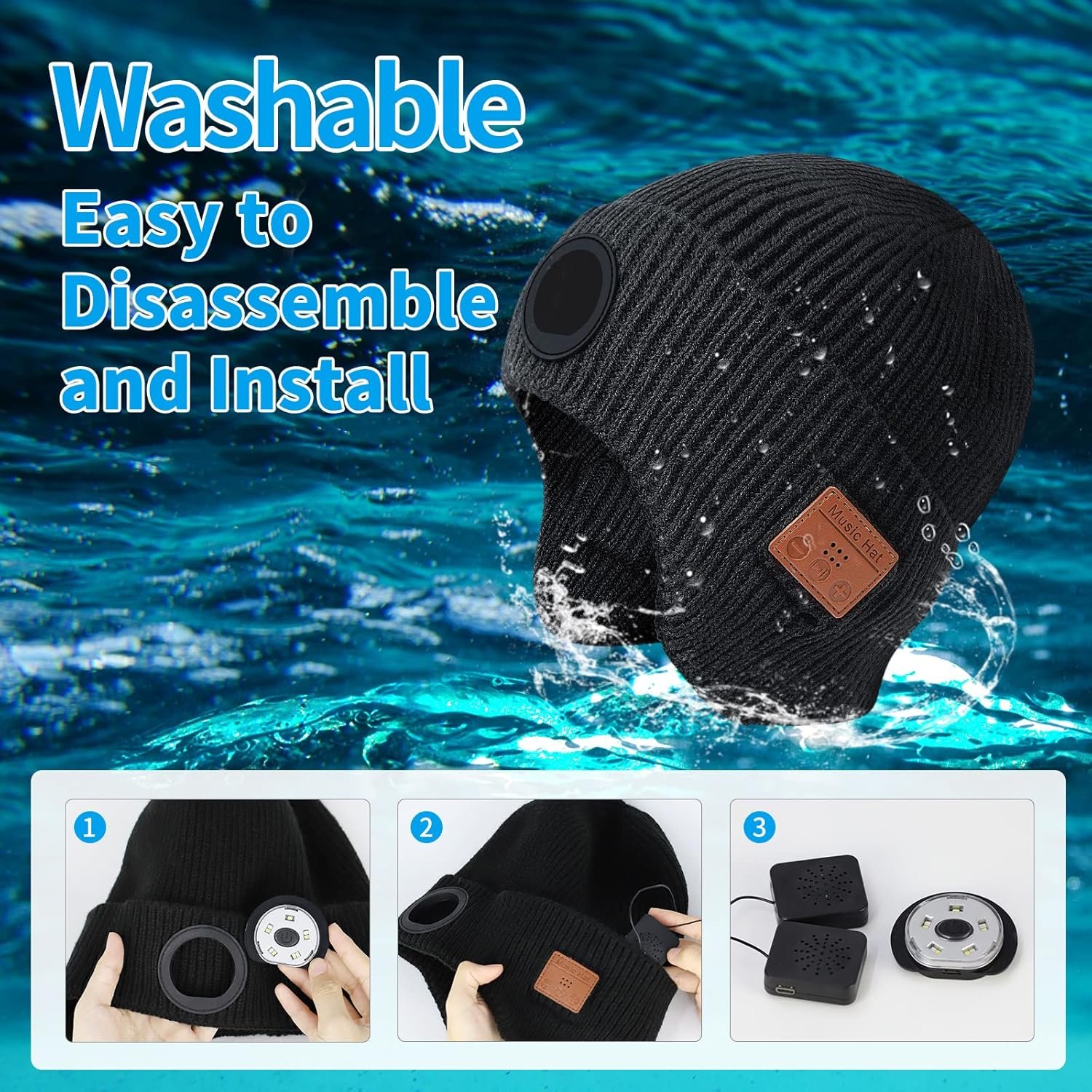 Mens Gifts Bluetooth Beanie with Light, Built-in Wireless Headphones & Stereo Speakers - USB Rechargeable Bluetooth Hat | Cool Gadgets Stocking Stuffers Gifts for Men Women (Black, Adult) - Image 9