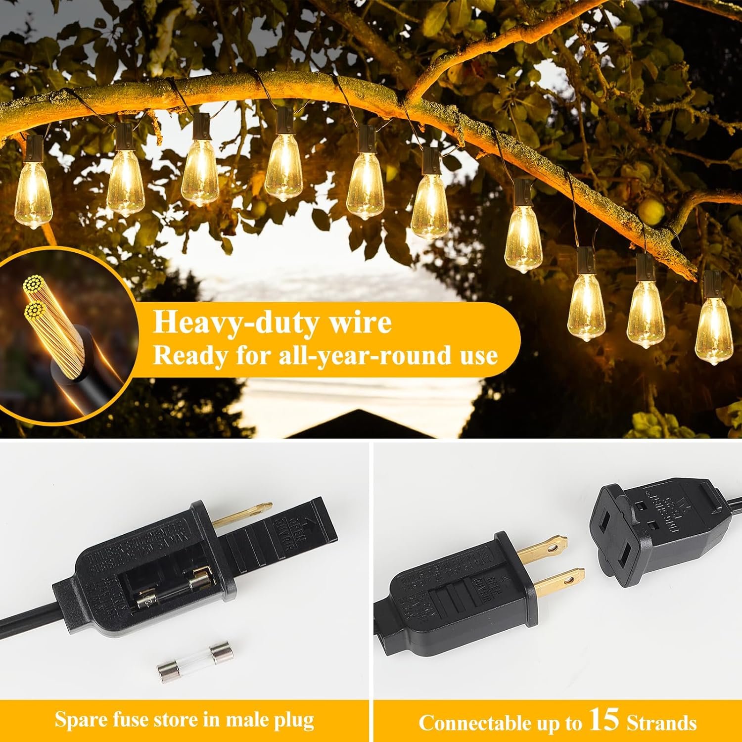Brightever LED Outdoor String Lights 100FT Patio Lights with 52 Shatterproof ST38 Vintage Edison Bulbs, Outside Hanging Lights Waterproof for Porch, Deck, Garden, Backyard, Balcony, 2700K Dimmable - Image 7