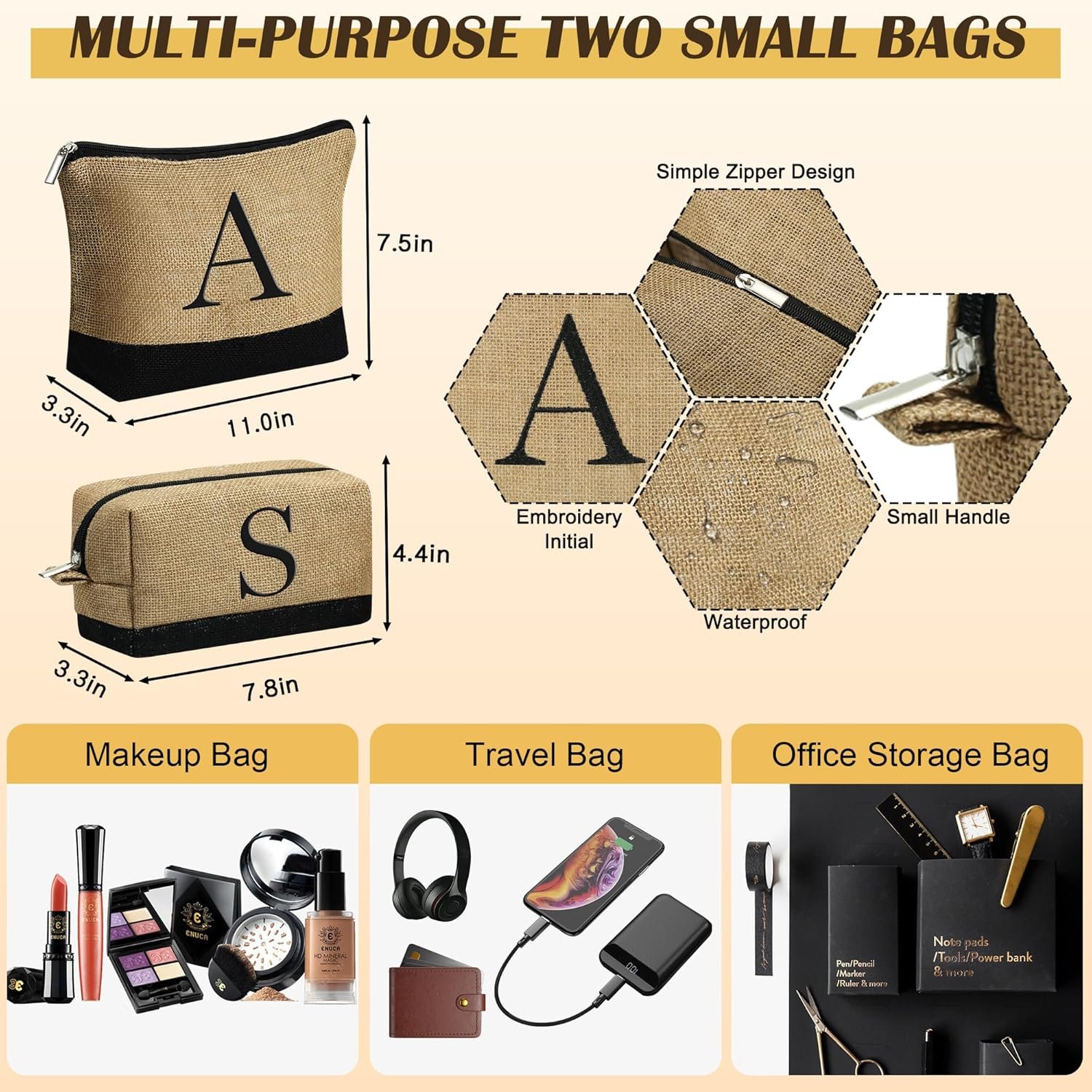 YOOLIFE Christmas Gifts for Women - Initial Jute Tote Bag & 2 Makeup Bags Birthday Gifts for Women Mom Teacher Friend Sister - Image 6