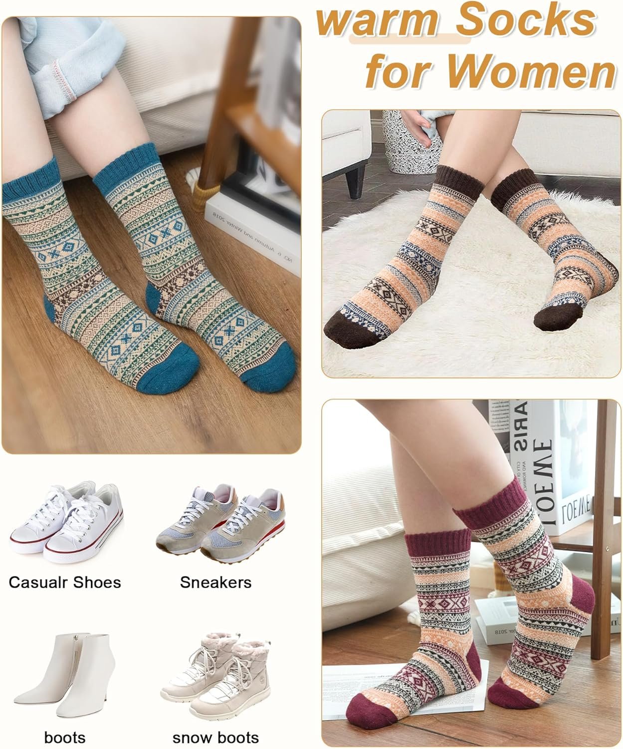 5 Pack Womens Wool Socks Winter Warm Socks Thick Knit Cabin Cozy Crew Soft Socks Hiking Athletic Socks Gifts for Women - Image 6