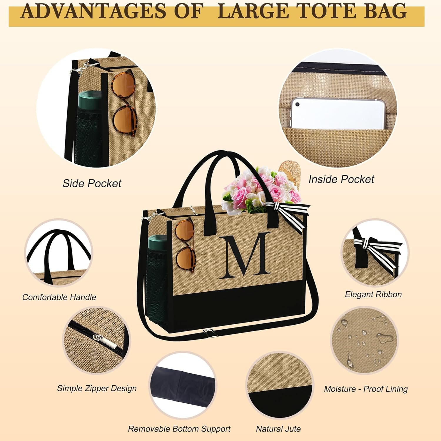 YOOLIFE Christmas Gifts for Women - Initial Jute Tote Bag & 2 Makeup Bags Birthday Gifts for Women Mom Teacher Friend Sister - Image 5