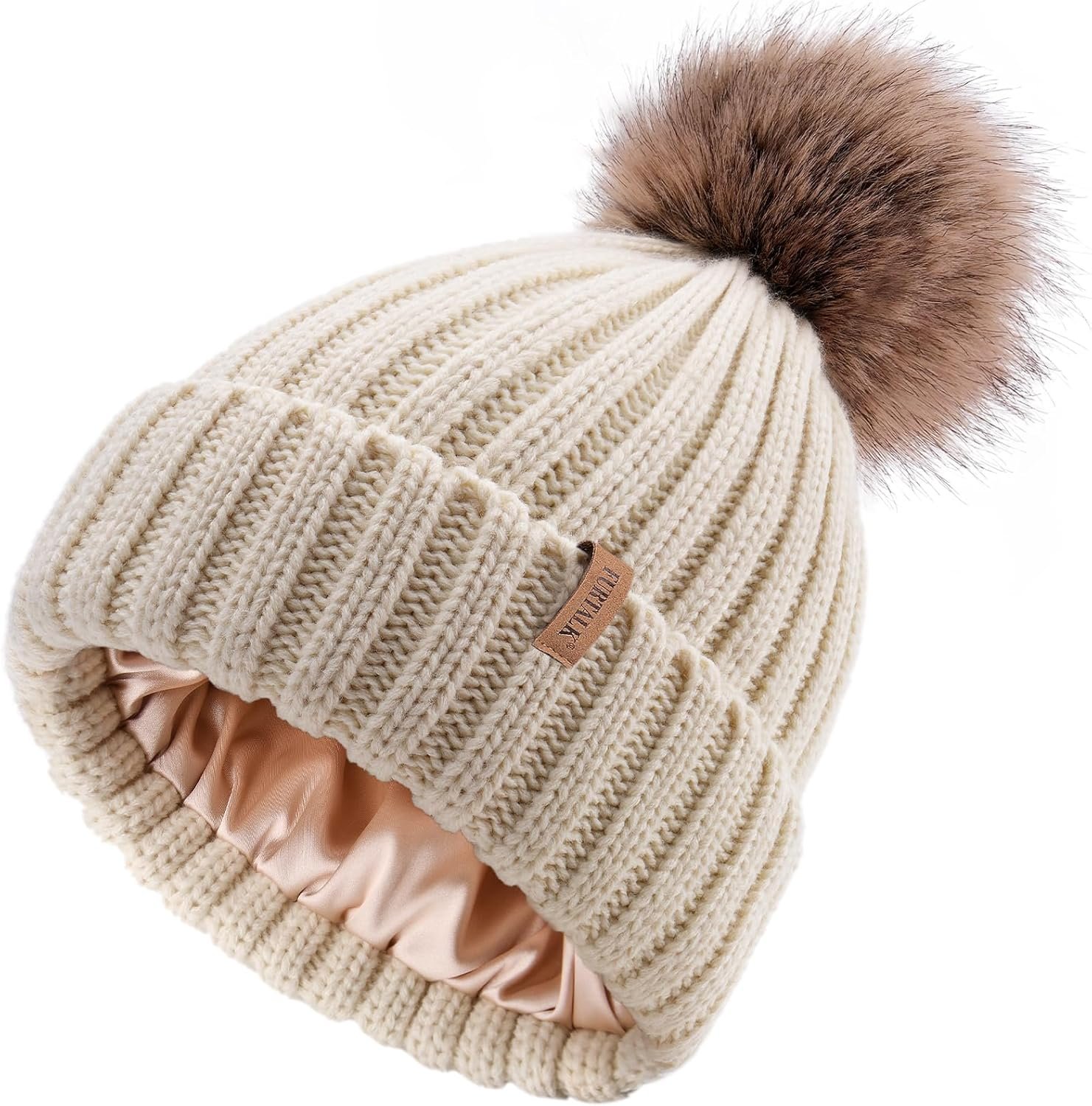 FURTALK Womens Winter Beanie Hat Satin Lined Faux Fur Pom Pom Beanies Hat for Women Winter Warm Knit Hats - Image 2