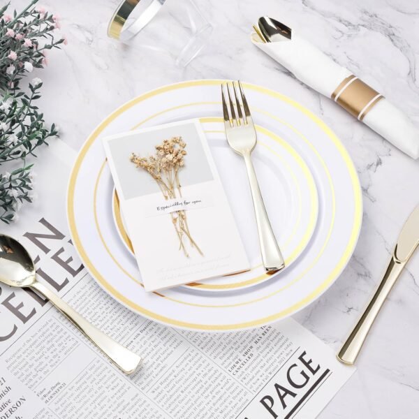 350PCS Gold Plastic Dinnerware Set, Disposable Party Plates for 50 Guests, Include: 100 Plastic Plates, 50 Pre Rolled Napkins with Gold Silverware, 50 Cups - Image 6