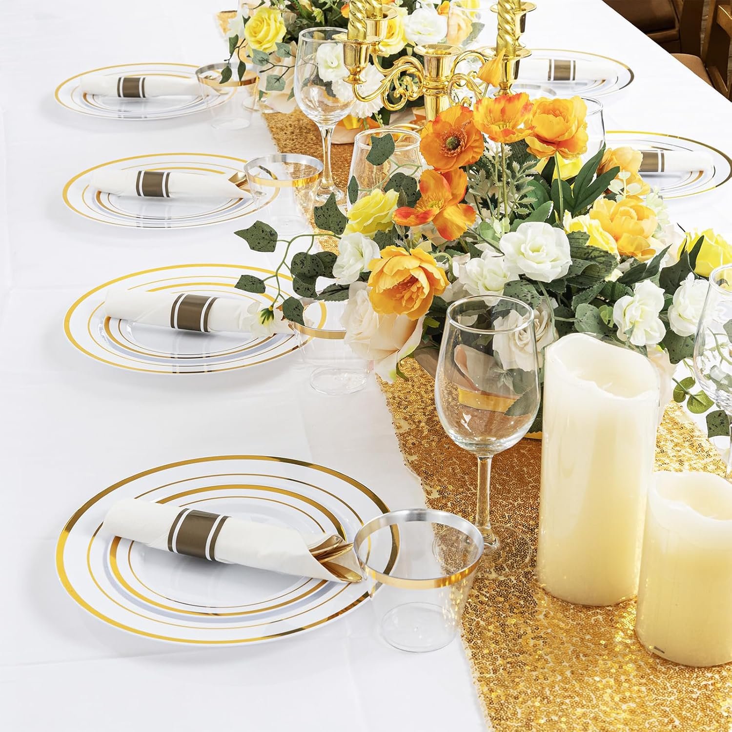 WELLIFE 350Pcs Gold Plastic Plates Set for 50 Guests - Disposable Plates for Party and Wedding,Party Supplies including Party Plates and Cups and Napkins Sets,White and Gold Plastic Plates - Image 9