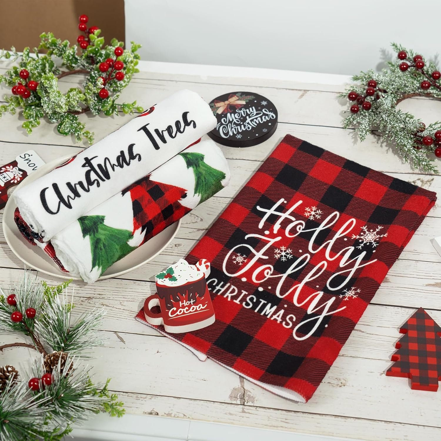 4 Pack Christmas Kitchen Towels, Buffalo Plaid Truck Trees Christmas Dish Towels, 18x26 Inch Farmhouse Christmas Hand Towels for Kitchen Winter Holiday Christmas Decorations - Image 6
