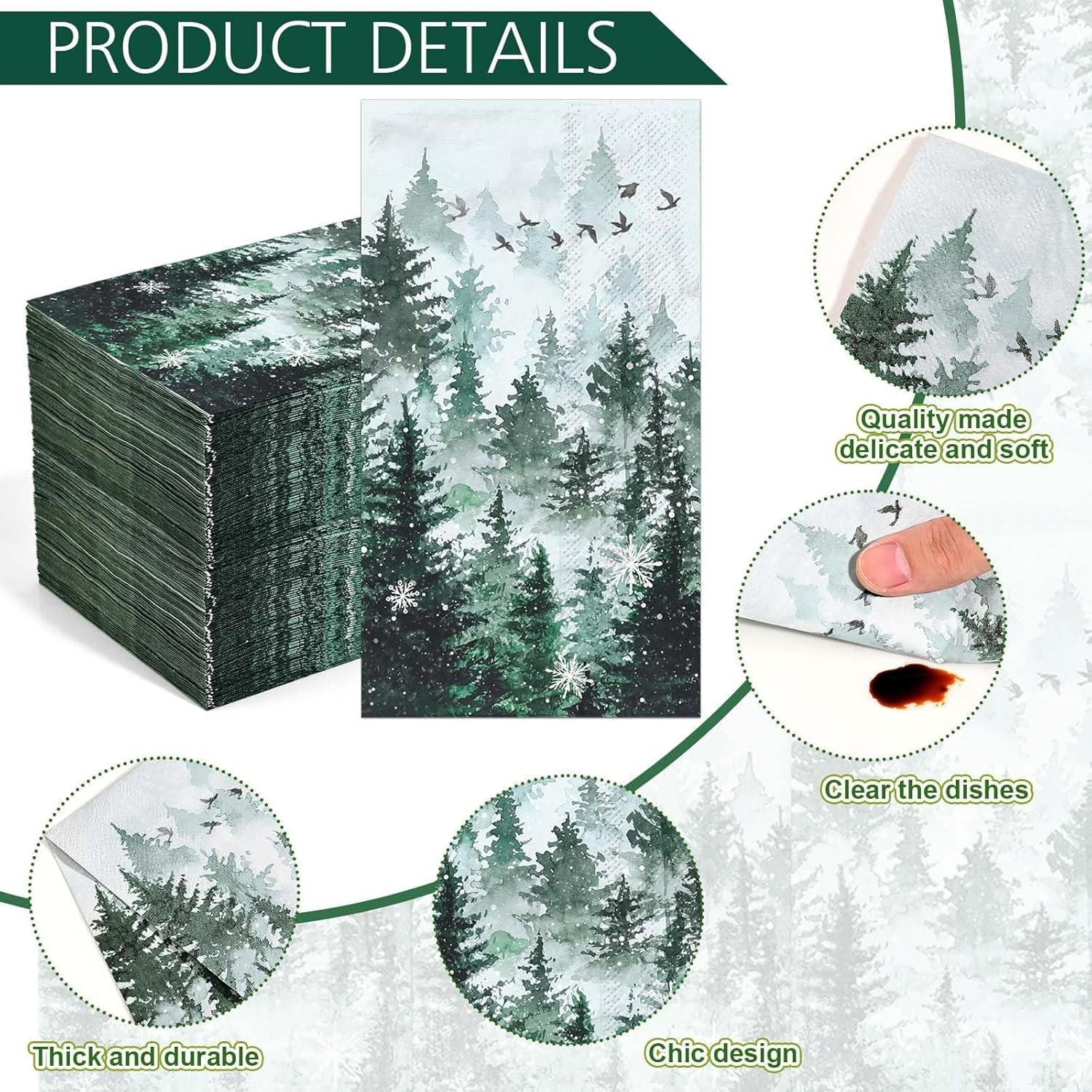 100 Pack Green Misty Forest Paper Napkins Christmas Woodland Theme Disposable Lunch Dinner Napkins Decorative Guest Napkins for Xmas Seasonal Winter Holiday Home Kitchen Party Supplies (Misty Forest) - Image 5
