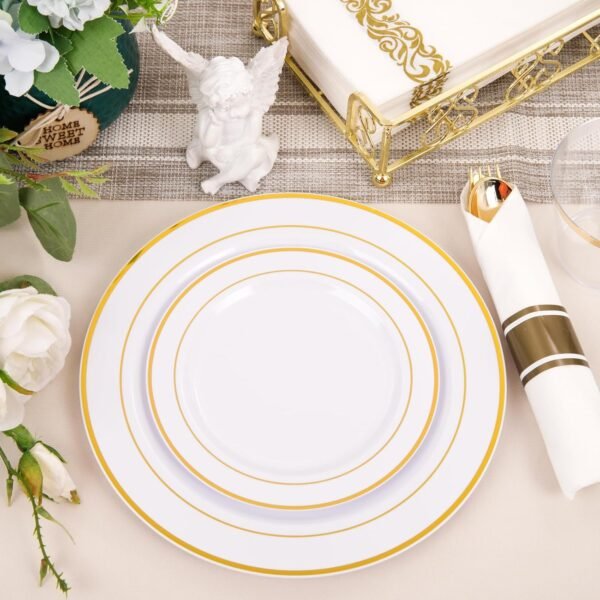 350Piece Thanksgiving Dinnerware Set for 50 Guests - Gold Plastic Plates with Disposable Cutlery Include:50Dinner Plates-50Dessert Plates-50Pre Rolled Napkins with Gold Silverware - Image 8
