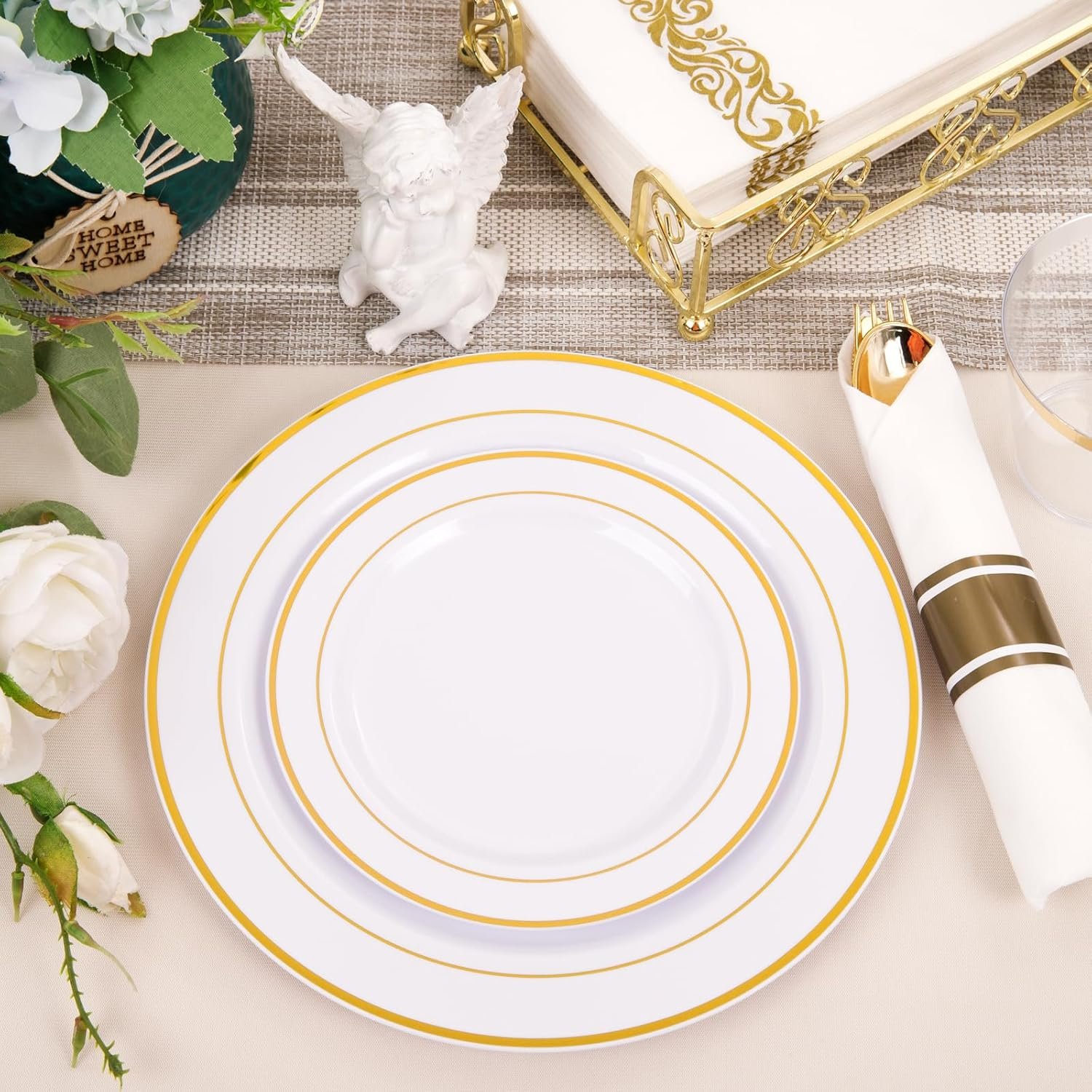 350Piece Thanksgiving Dinnerware Set for 50 Guests - Gold Plastic Plates with Disposable Cutlery Include:50Dinner Plates-50Dessert Plates-50Pre Rolled Napkins with Gold Silverware - Image 8