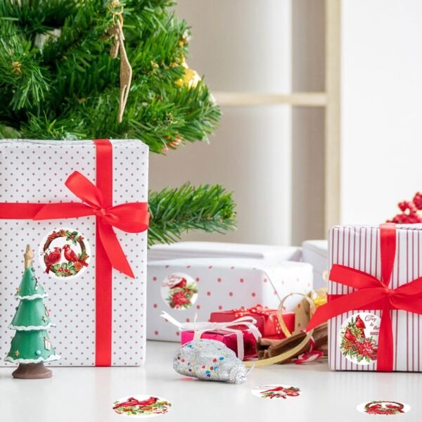 Whaline 1000Pcs Merry Christmas Stickers Roll 8 Designs Cardinal Red Bird Decals Assorted Xmas Adhesive Decorative Stickers Round Seal Decals for Gift Greeting Card Party Holiday Supplies - Image 6