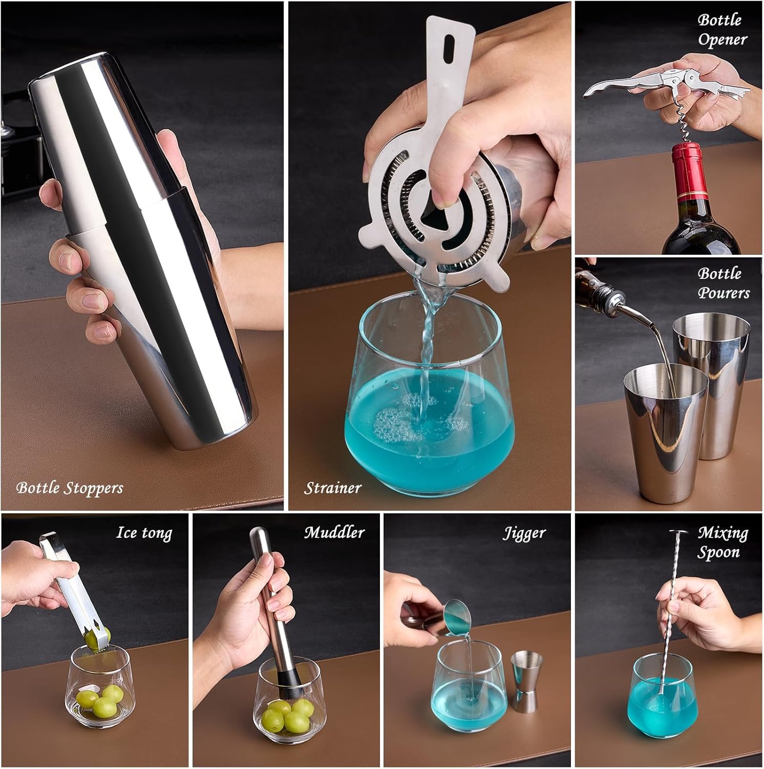 Cocktail Shaker Set Bartender Kit : 15-Piece Bar Tool Set with Acrylic Stand Bar Set with All Practical Bar Accessories, for Drink Mixing, Bar, Home, Lounge & Party, Silver - Image 5