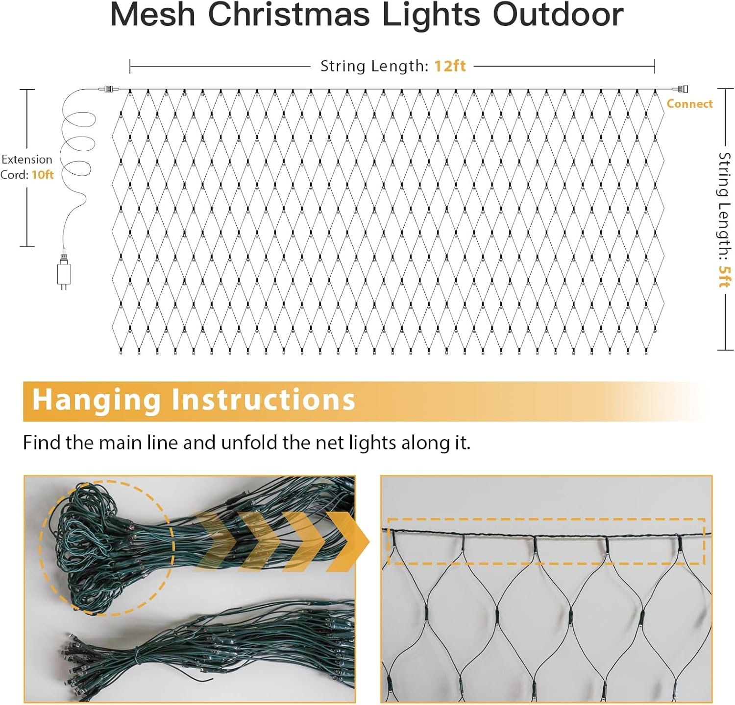 suddus 360 LED Christmas Net Lights, Net Lights Outdoor Mesh Lights,12ft x 5ft String Lights with Remote Waterproof Connectable Green Wire for Bushes, Lamn, Trees, Christmas Decoration, Warm White - Image 8