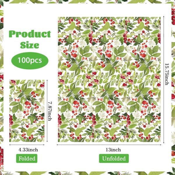 100Pcs Christmas Napkins Disposable Watercolor Holly Berry Greenery Christmas Paper Napkins 3 Ply Christmas Paper Guest Napkins for Bathroom Home Kitchen Holiday Xmas Home Party Decorations - Image 4