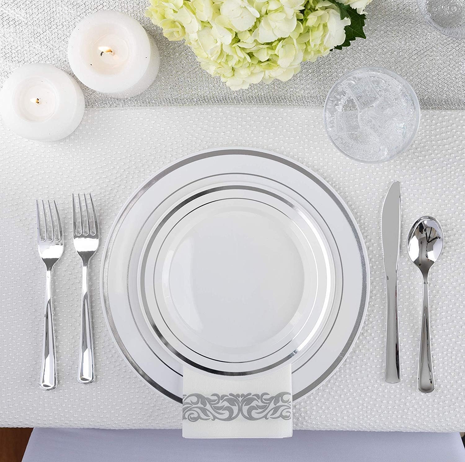 125-Piece White and Silver Fancy Plastic Plates Disposable with Silverware, Elegant Dinnerware for Weddings, Holiday Party China, Set of 25 Dinner + Salad Plates, 25 Spoons, 25 Forks, 25 Knives - Image 5