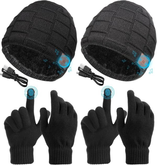 Honoson Bluetooth Beanie Set Includes 2 Pieces Bluetooth Beanie Hat Wireless Bluetooth Winter Hats 2 Pairs Winter Touchscreen Gloves Knit Stretch Gloves for Christmas Birthday Gifts for Men Women - Image 2