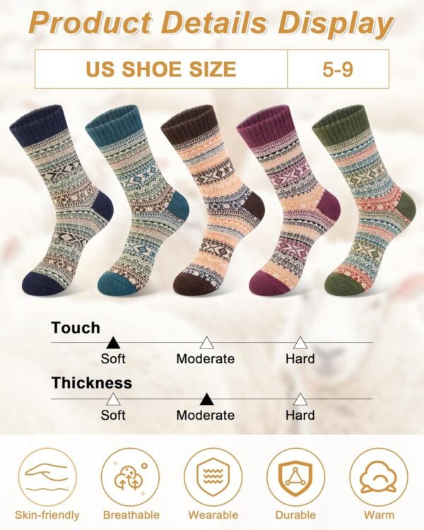 5 Pack Womens Wool Socks Winter Warm Socks Thick Knit Cabin Cozy Crew Soft Socks Hiking Athletic Socks Gifts for Women - Image 5