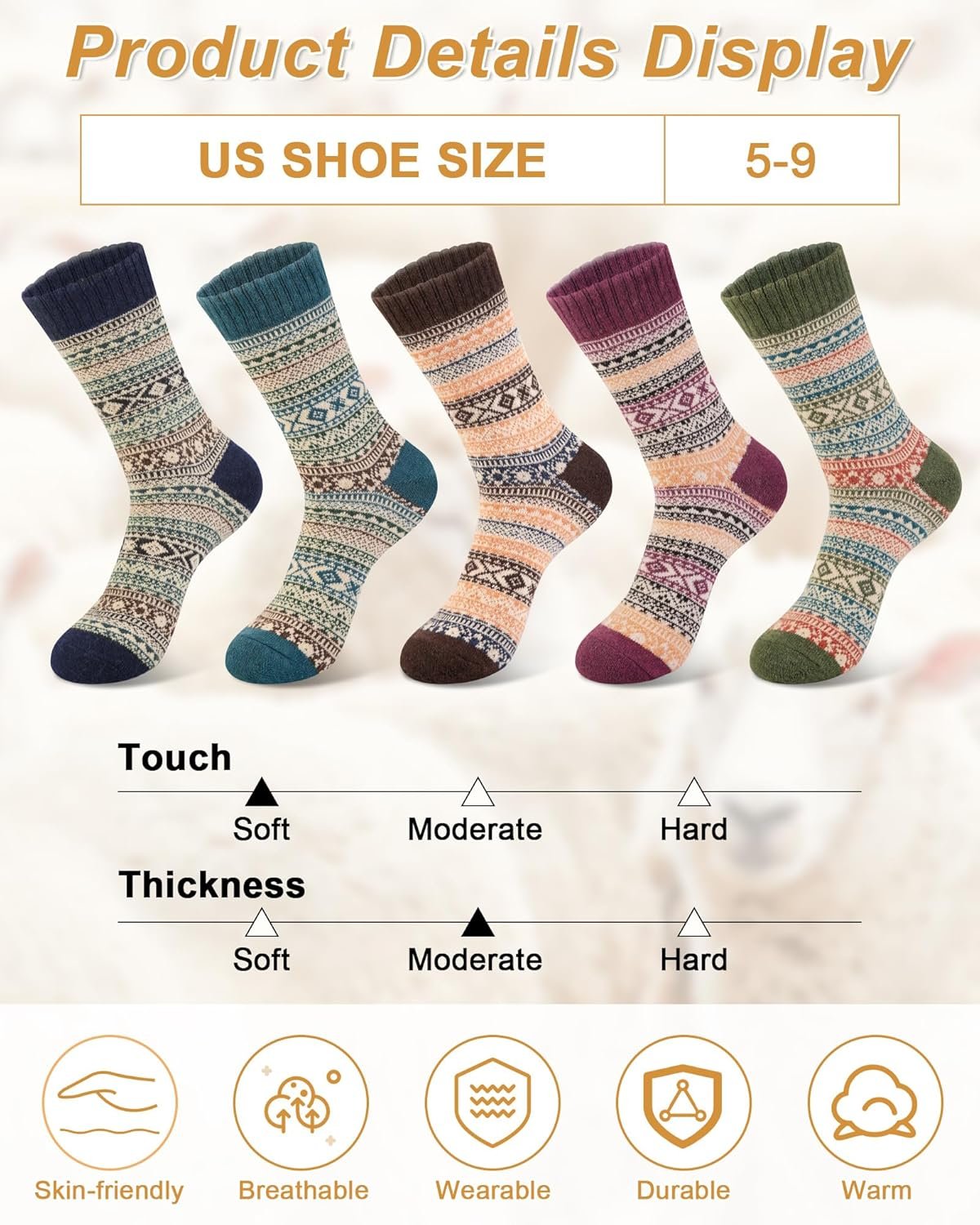 5 Pack Womens Wool Socks Winter Warm Socks Thick Knit Cabin Cozy Crew Soft Socks Hiking Athletic Socks Gifts for Women - Image 5