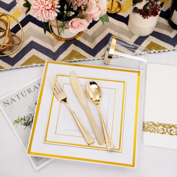 I00000 150PCS Gold plastic dinnerware set,White Gold Square Plates, Disposable Square Gold Plates Includes 25 Dinner Plates 25Dessert Plates 25Cups 25Plastic Cutlery for Christmas Party - Image 6