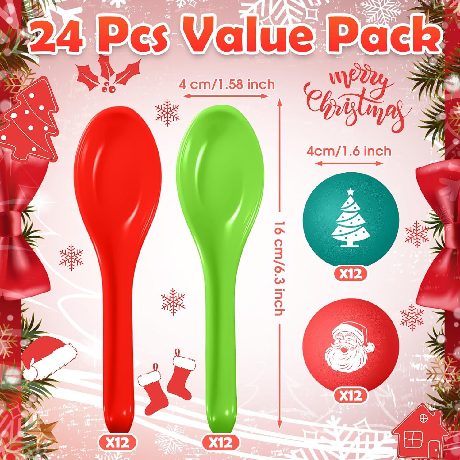 48 Pack Christmas Game Spoon Relay Race Toy Set Christmas Tree Santa Snowman Reindeer Ball and Spoon Race Game for Indoor Outdoor Decoration Christmas Party Holiday Favor(Tree, Santa) - Image 3